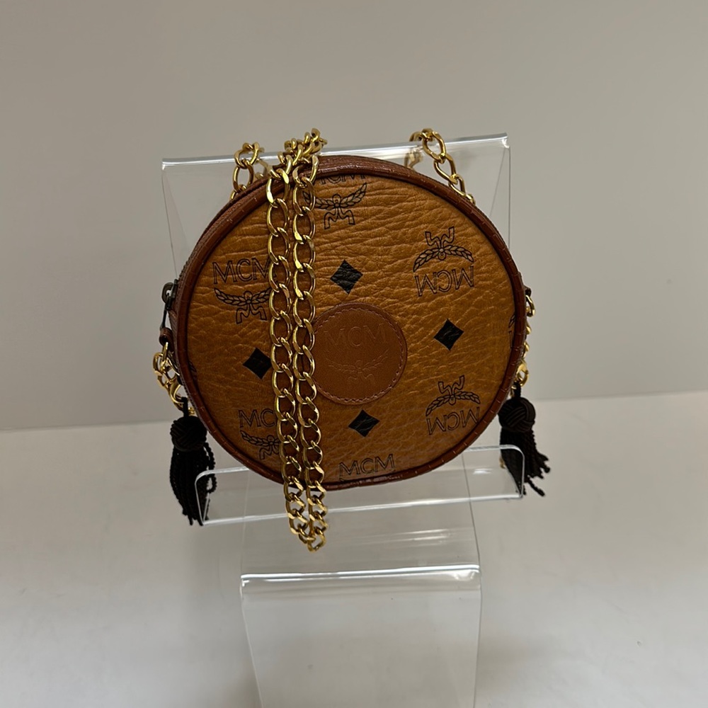 MCM Cognac Brown Logo Round Crossbody Bag with Gold Chain